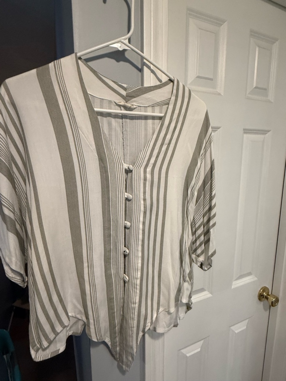 Striped Button-Front Lightweight Top in White and Olive